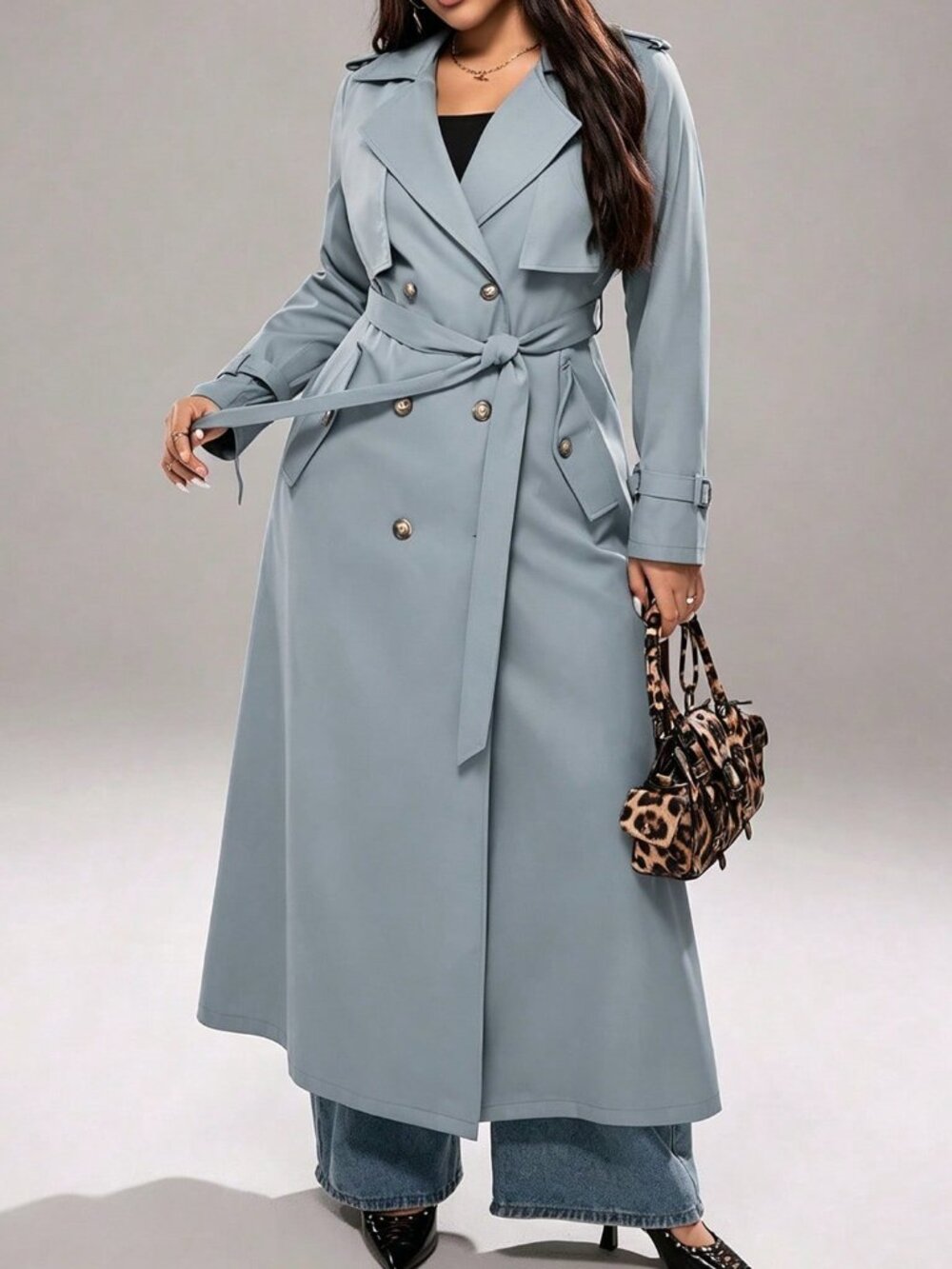 Dusty Blue Elegant Women's Plus Size Casual Double-Breasted Trench Coat
